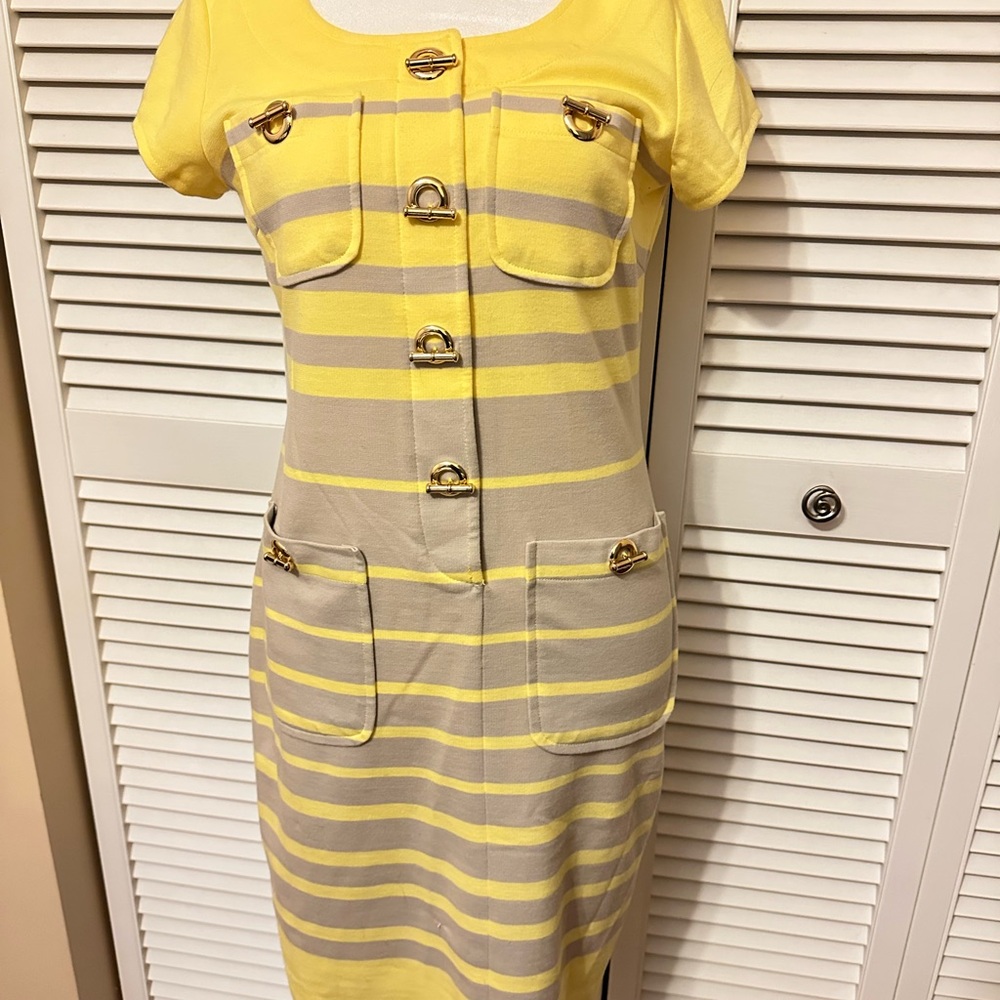 Cache Yellow and Gray Striped Midi Dress